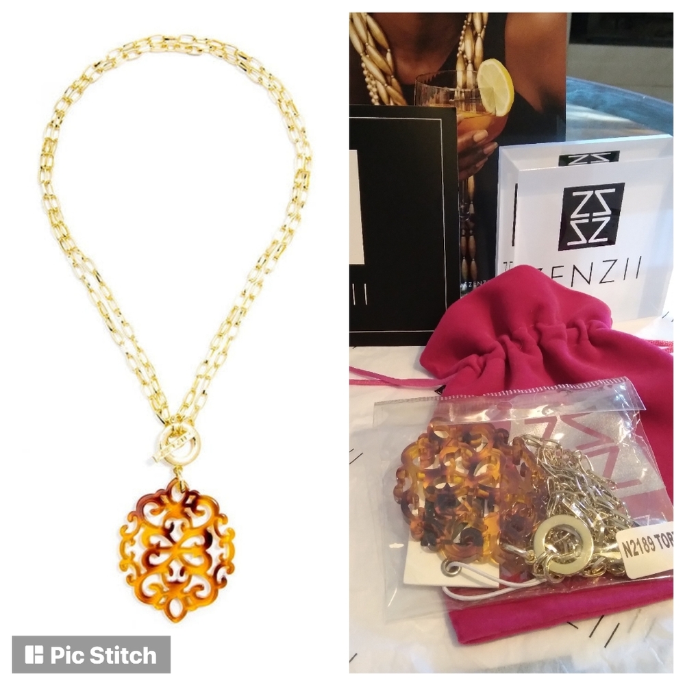 🧡 Tortoise Resin/18K Gold Pendant Necklace & Pouch